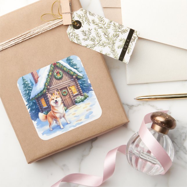 Sticker Carré Chinook Rustic Log Cabin Christmas Art (Cadeaux)
