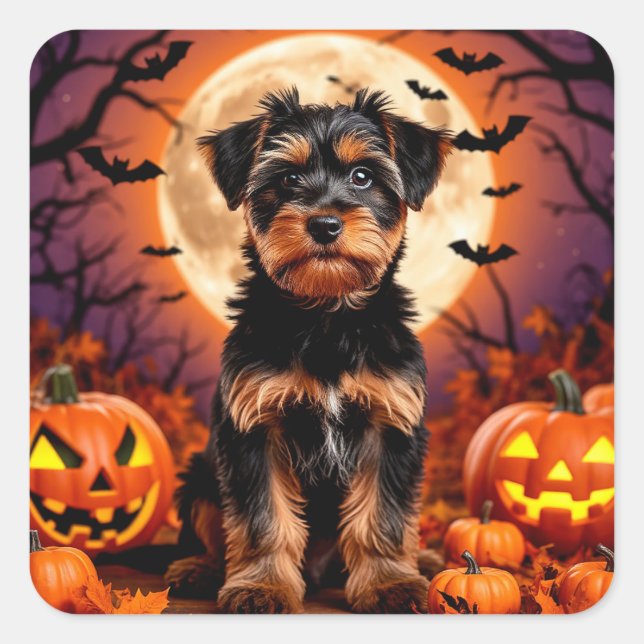 Sticker Carré Chiot adorable avec fond Halloween (Devant)