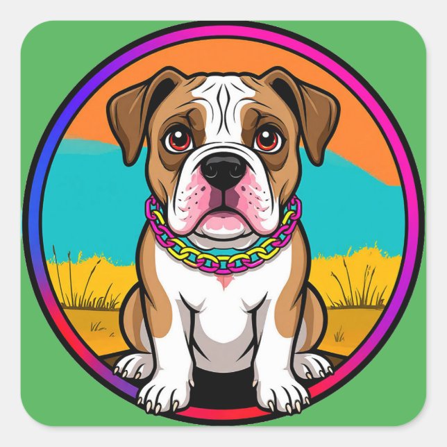 Sticker Carré Chiot animé mignon avec collier (Devant)