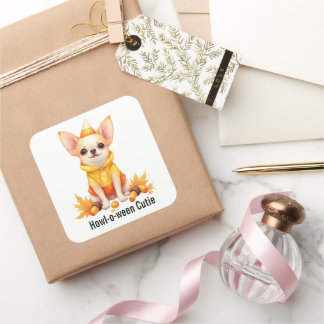 Sticker Carré Chiot Chihuahua Adorable en Costume de Maïs Sucré