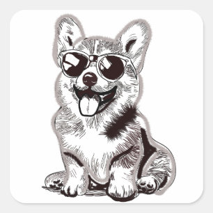 Sticker Carré Chiot Corgi personnalisé avec lunettes de soleil  