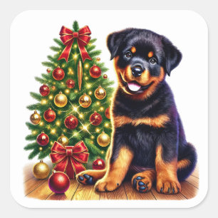 Sticker Carré Chiot de Noël Rottweiler par l'arbre festif