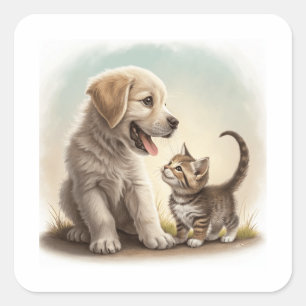 Sticker Carré Chiot et chaton