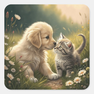 Sticker Carré Chiot Et Kitten