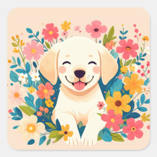 Sticker Carré chiot labrador jaune au milieu des fleurs