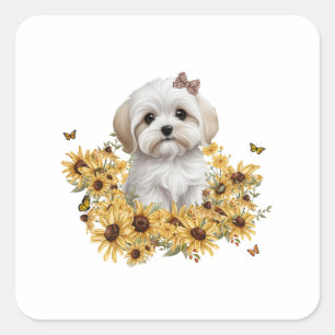 Sticker Carré Chiot maltais aux fleurs de automne jaunes