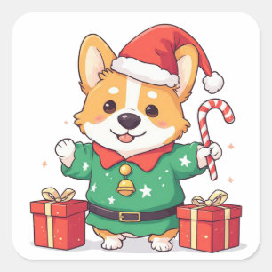 Sticker Carré Chiot Mignon Avec Chapeau De Père Noël Et Neige De