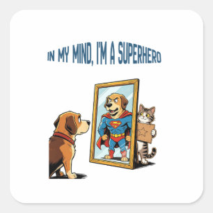 Sticker Carré Chiot mignon regardant dans le miroir voyant un ch