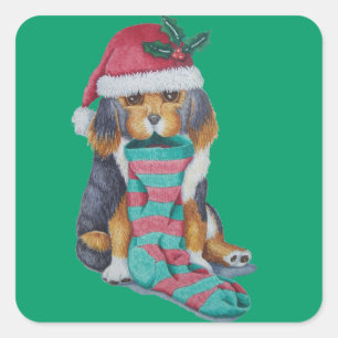 Sticker Carré chiot noir et brun mignon avec le bas de Noël