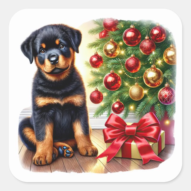 Sticker Carré Chiot Rottweiler à côté d'un arbre de Noël (Devant)