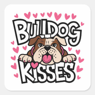 Sticker Carré Chiots Bouledogue Anglais Câlins Amour Cœur Rose