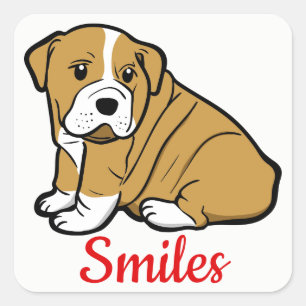 Sticker Carré Chiots Bouledogue Anglais Sourire, Bonjour