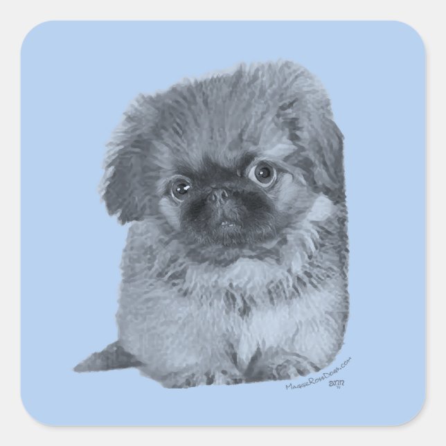 Sticker Carré Chiots Pékinois Bleu (Devant)
