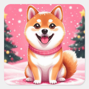 Sticker Carré Chiots Shiba Inu Heureux Près des Arbres de Noël