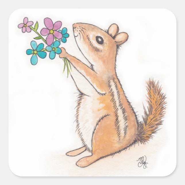 Sticker Carré Chipmunk avec bouquet de fleurs (Devant)