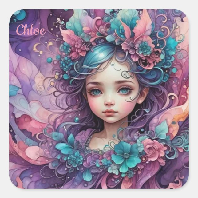 Sticker Carré CHLOE ~ WOW ! Lavande bleue rose fée ~ (Devant)