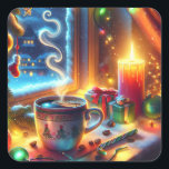 Sticker Carré Chocolat chaud dans une fenêtre de Noël<br><div class="desc">Une jolie scène de Noël par fenêtre avec une tasse chaude de chocolat chaud à la vapeur,  des bougies allumées par nuit enneigée.</div>