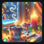 Sticker Carré Chocolat chaud dans une fenêtre de Noël<br><div class="desc">Une jolie scène de Noël par fenêtre avec une tasse chaude de chocolat chaud à la vapeur,  des bougies allumées par nuit enneigée.</div>