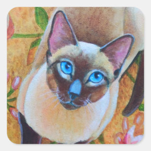 Sticker Carré Chocolat Point Siamese Chat sur tapis floral