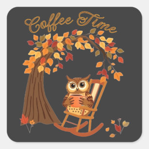 Sticker Carré Chouette à café Automne Conception lunaire à thème