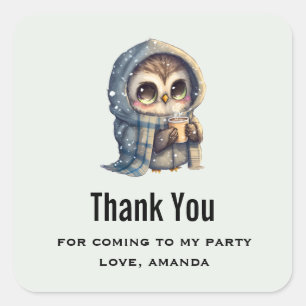 Sticker Carré Chouette adorable tenant un Merci de fête du café