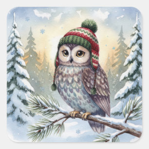 Sticker Carré Chouette aquarelle dans un chapeau d'hiver