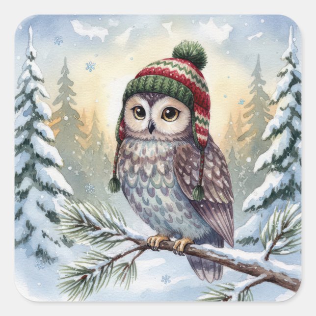 Sticker Carré Chouette aquarelle dans un chapeau d'hiver (Devant)