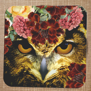 Sticker Carré Chouette artistique vintage bois bohème rouge rose