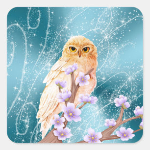 Sticker Carré Chouette beige sur la branche florale violette Éti