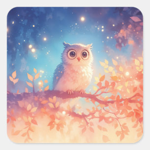 Sticker Carré Chouette blanche mignonne perchée sur une branche