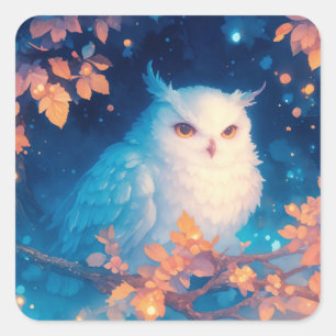 Sticker Carré Chouette blanche mignonne perchée sur une branche 
