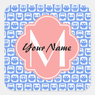 Sticker Carré Chouette bleue Motif Corail Monogramme Nom personn