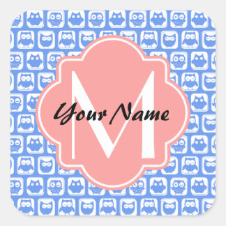 Sticker Carré Chouette bleue Motif Corail Monogramme Nom personn