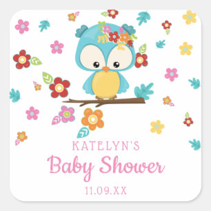 Sticker Carré Chouette boisée mignonne et fleurs Baby shower béb