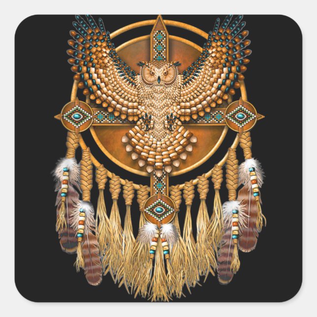 Sticker Carré Chouette d'art tribal amérindienne (Devant)