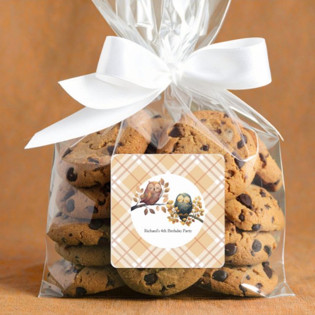 Sticker Carré Chouette d'automne et écureuil garçon Anniversaire (Créateur téléchargé)