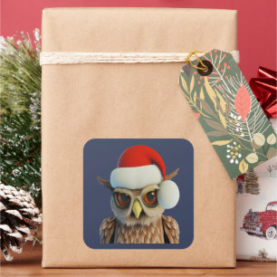 Sticker Carré Chouette de Noël drôle portant un chapeau de Père