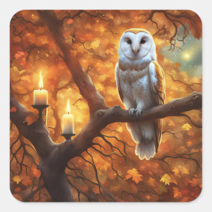 Sticker Carré Chouette d'Halloween dans des bougies de feuilles