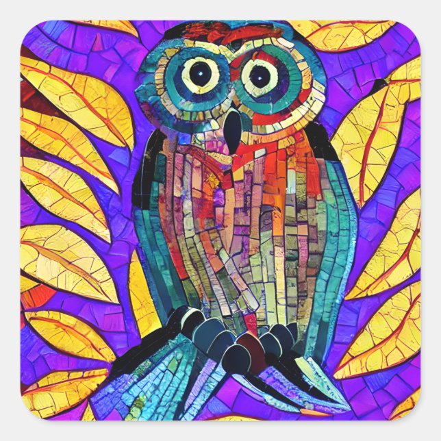 Sticker Carré Chouette en mosaïque blanche colorée (Devant)