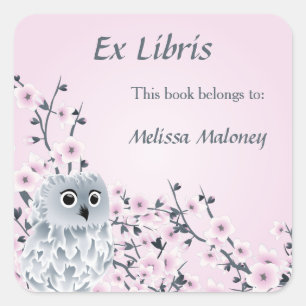 Sticker Carré Chouette et cerisiers en fleurs Ex Libris