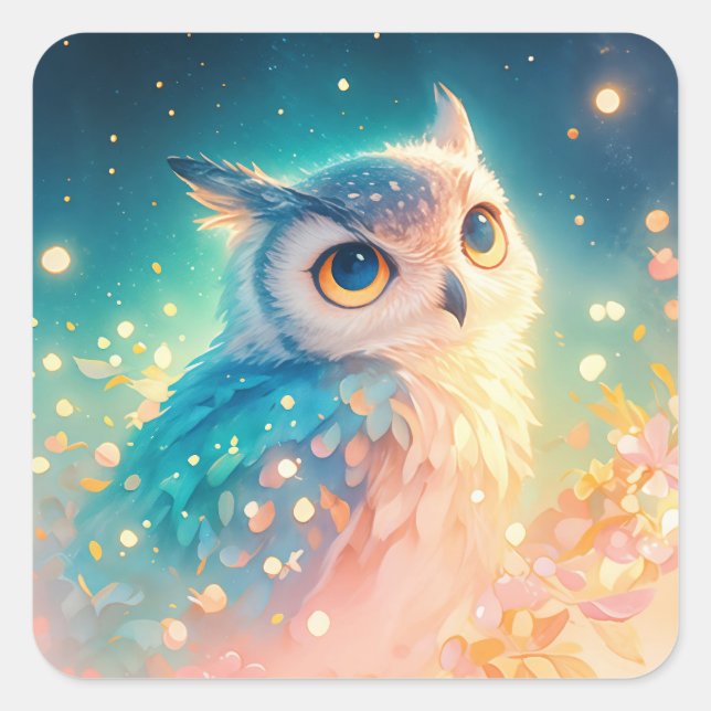 Sticker Carré Chouette Fantastique avec de Grands Yeux Bleus (Devant)
