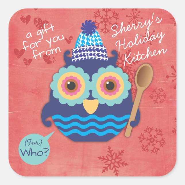 Sticker Carré Chouette mélange cuillère biscuits de Noël gâterie (Devant)