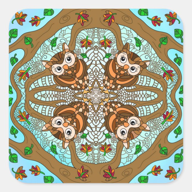 Sticker Carré Chouette tirée à la main Mandala (Devant)