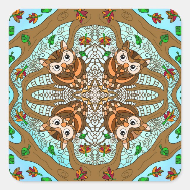 Sticker Carré Chouette tirée à la main Mandala (Devant)