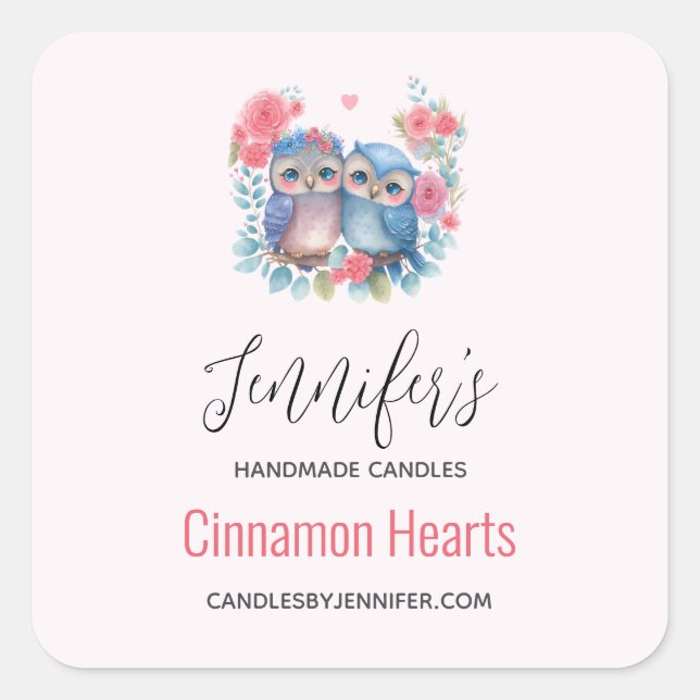 Sticker Carré Chouettes amoureuses assis sur une branche d'arbre (Devant)