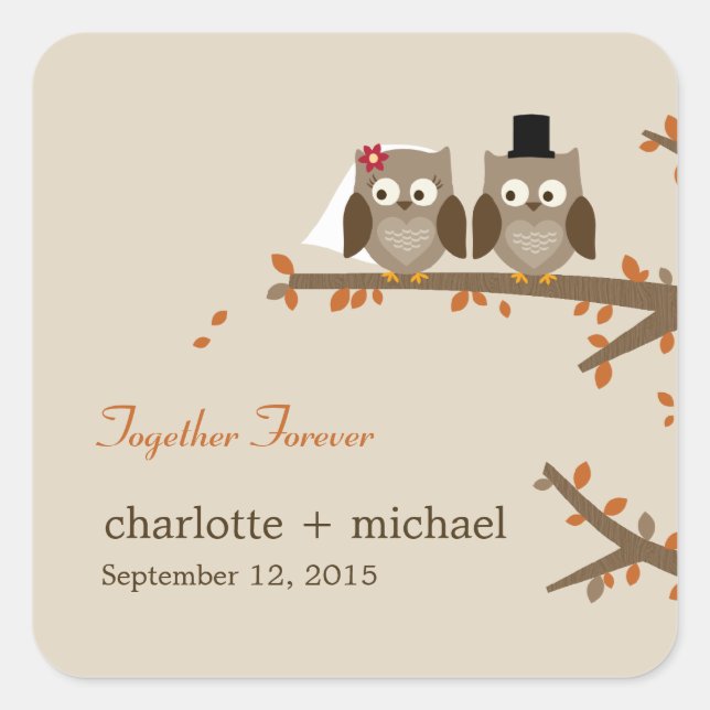 Sticker Carré Chouettes d'amour Mariage de automne Faveur Sticke (Devant)
