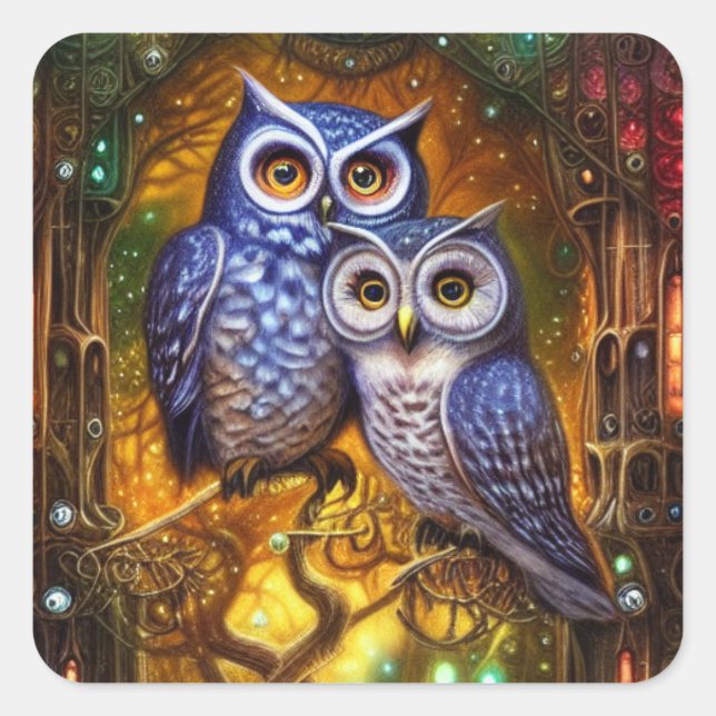 Sticker Carré Chouettes d'hiver dans la forêt Steampunk gothique (Devant)