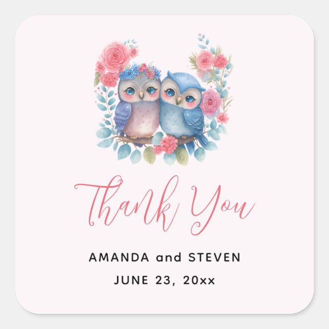 Sticker Carré Chouettes en amour assis sur une branche Mariage M (Devant)