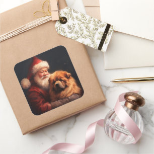 Sticker Carré Chow Chow avec le Père Noël Festif Noël 