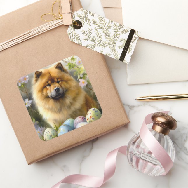 Sticker Carré Chow Chow avec oeufs de Pâques vacances (Cadeaux)